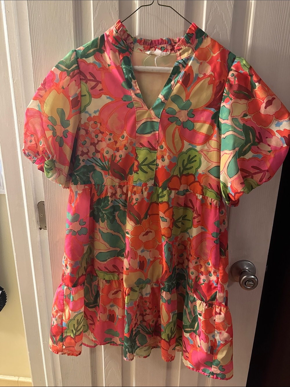 Vibrant Floral Babydoll Dress - Pink, Orange & Green